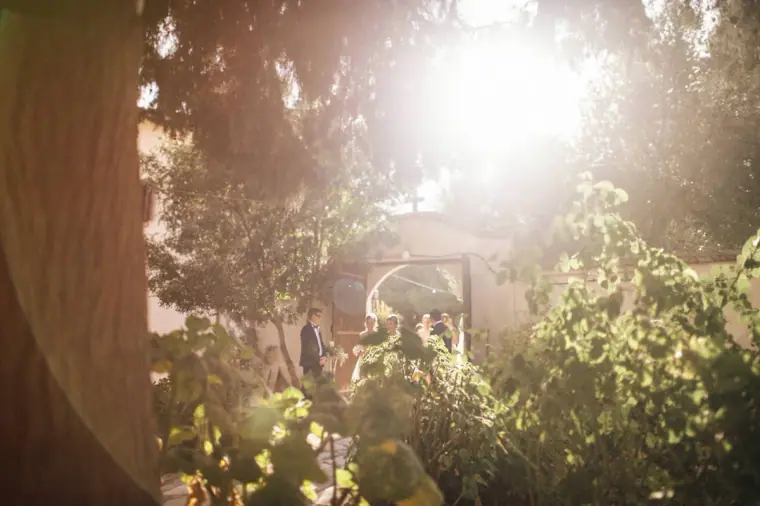 Sunlight flaring through trees as the bridal party gathers at the gateway