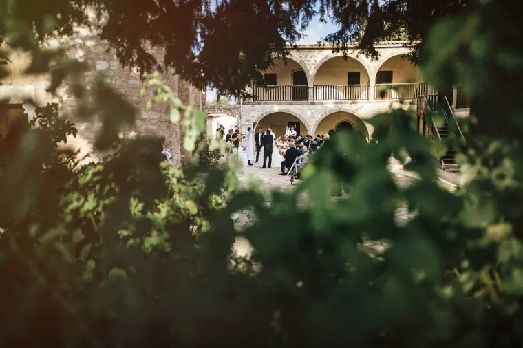 Wide view of the courtyard ceremony seen through dark foliage, Minthis Hills