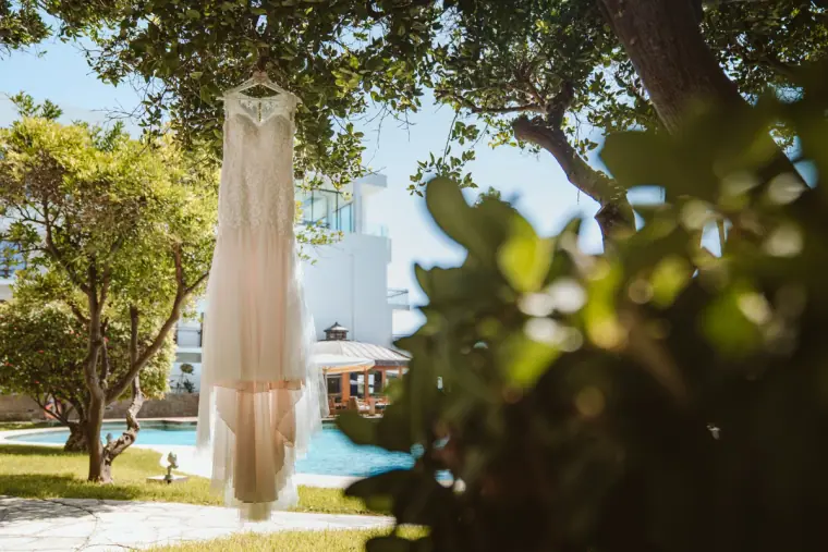 Wedding dress hanging from a tree branch above a hotel swimming pool