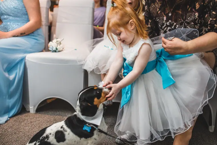 Flower girl in a tulle dress stroking a beagle at the end of the aisle