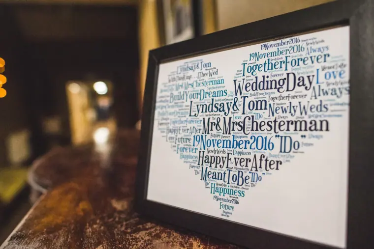 Framed heart-shaped word art with the couple's names and wedding date