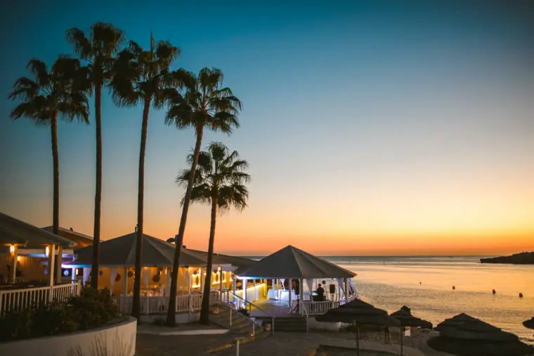 Palm trees and beach umbrellas silhouetted against a dusk sky at Nissi Beach