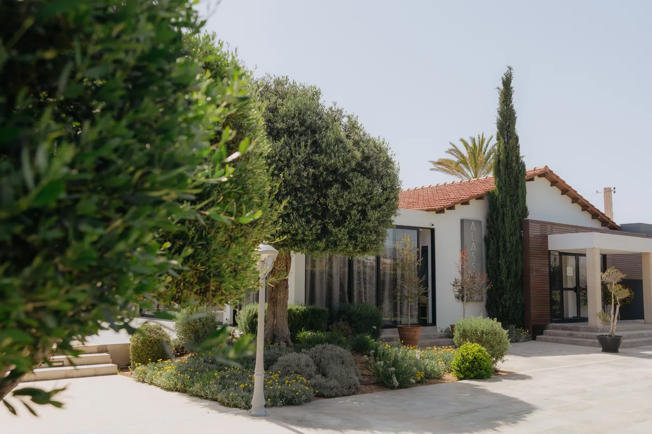 Whitewashed buildings, olive trees and cypresses at Alassos, Paphos