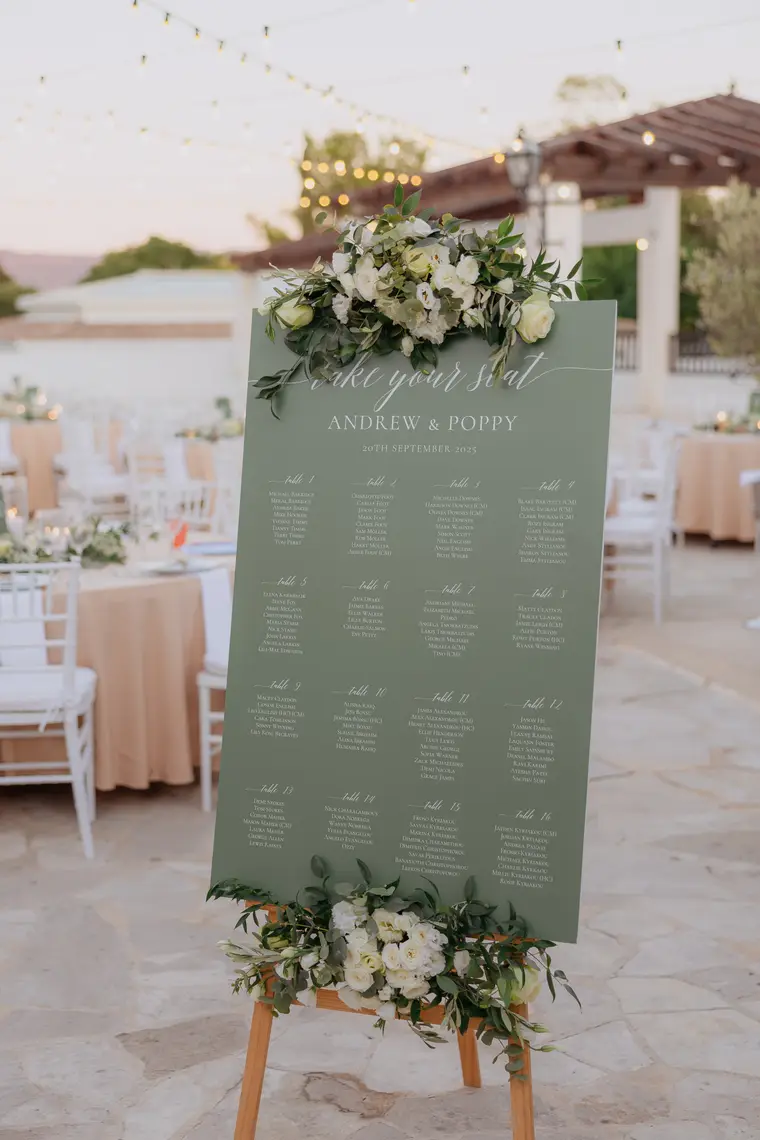 Green seating plan dressed with white roses on a wooden easel