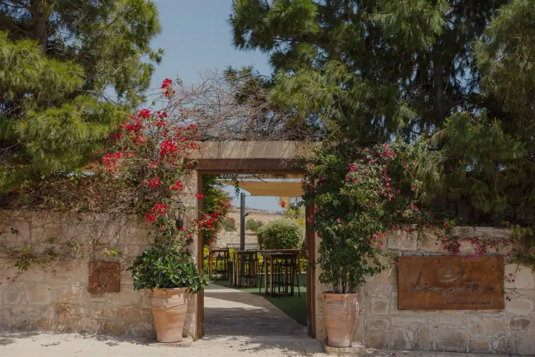 Stone archway entrance with bougainvillea and potted plants at Liopetro