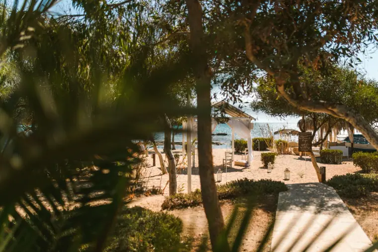 Shaded garden path leading to the beachfront at Thalassines Beach Villas, Ayia Napa