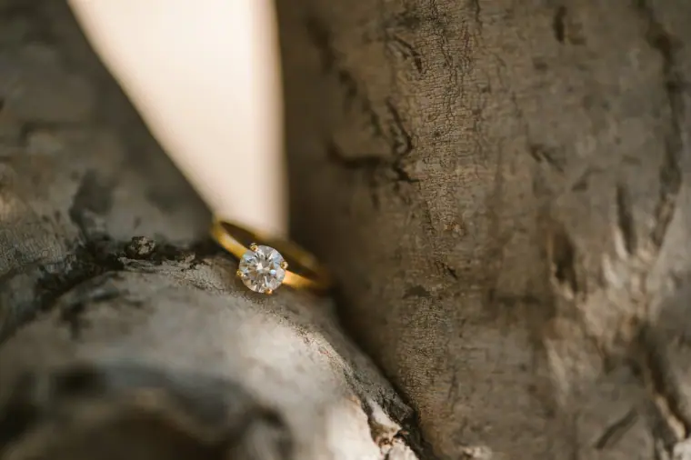 Diamond engagement ring tucked into a crevice of weathered driftwood