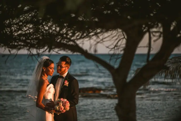 Newlyweds embracing by the sea, framed by the branches of a pine tree
