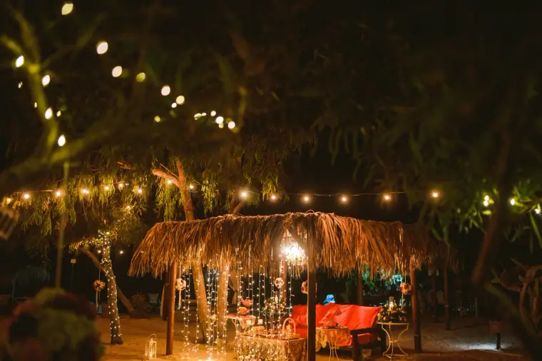 Festoon lights strung through the trees above the illuminated thatched canopy at night