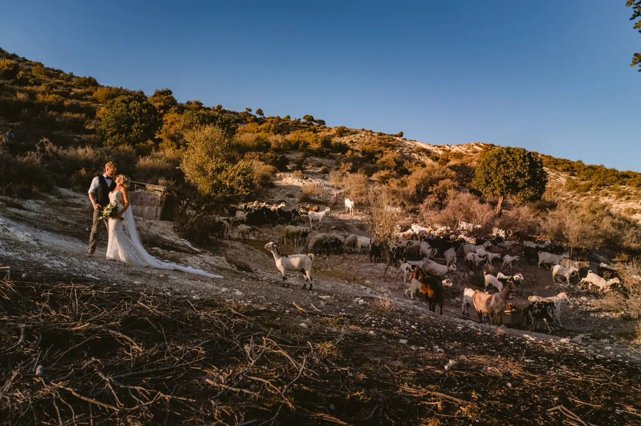 Fiona and Paul on a dry hillside as a herd of goats grazes around them, near Vasilias Nikoklis Inn