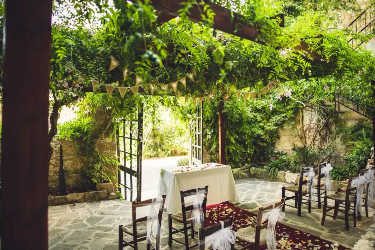 Courtyard ceremony set-up beneath a vine-covered pergola with a petal-strewn aisle