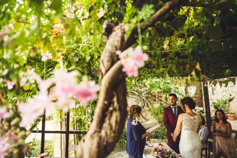 Madeliene and Itai at the ceremony seen through pink blossom and a twisted vine trunk