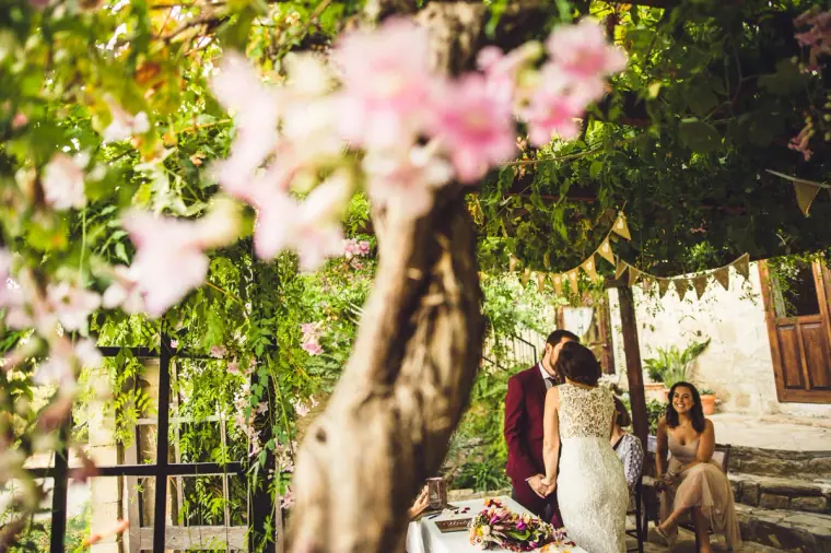 Ceremony under the vine pergola glimpsed through pink blossom at Vasilias Nikoklis Inn
