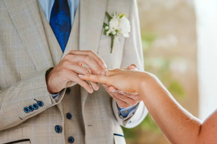 Groom sliding the wedding ring onto the bride's finger, close-up