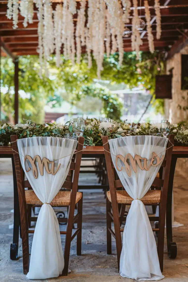 Chairs draped in white fabric at the top table under hanging floral decorations