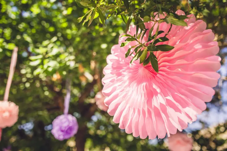 Pink paper fan decoration and pompoms hanging among the trees