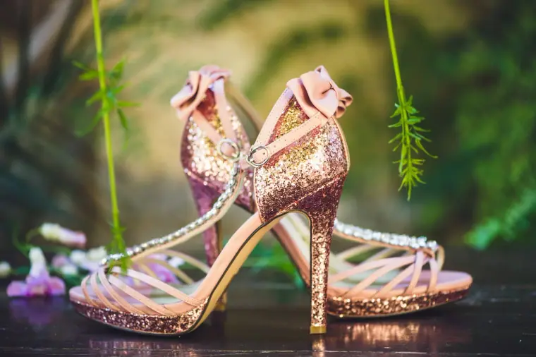 Sparkling pink glitter bridal heels with jewelled ankle straps