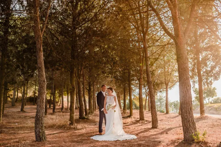 Bride and groom standing in a pine wood in warm afternoon light at Minthis Hills