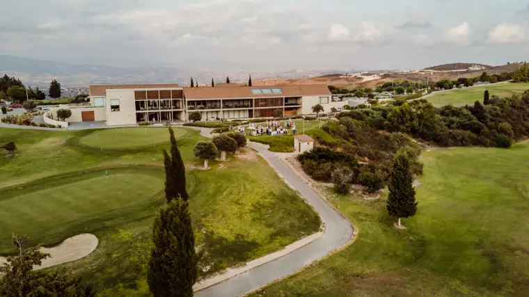 Aerial view of the Minthis Hills clubhouse and winding roads through the golf course